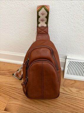 Kohls Somona Brown Leather Sling Bag with Patterned Strap